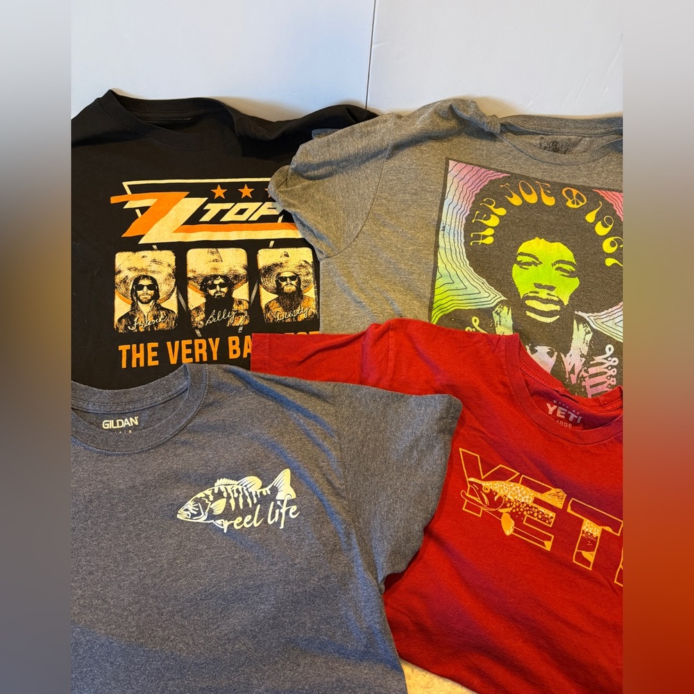 Fish & Band Theme T-Shirts. Yeti, Reel Life, ZZ Top, Jimi Hendrix. Size Large